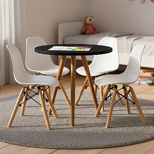 Mesa Infantil Preta 50cm Tripé + 4 Cadeiras Eiffel Branco