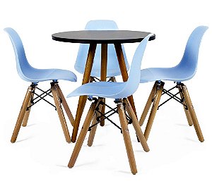 Mesa Infantil Preta 50cm Tripé + 4 Cadeiras Eiffel Azul