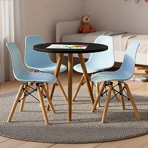 Mesa Infantil Preta 50cm Tripé + 4 Cadeiras Eiffel Azul