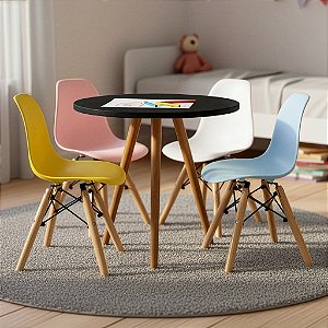 Mesa Infantil Preta 50cm Tripé + 4 Cadeiras Eiffel Colorido