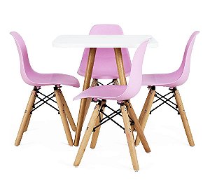 Mesa Infantil Branca 50cm Quadrada + 4 Cadeiras Eiffel Rosa