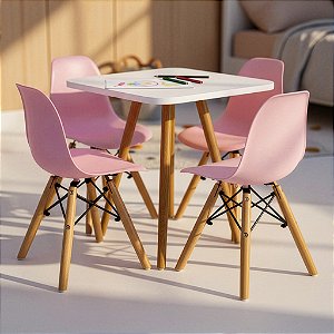 Mesa Infantil Branca 50cm Quadrada + 4 Cadeiras Eiffel Rosa