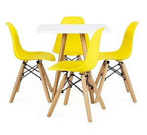 Mesa Infantil Branca 50cm Quadrada + 4 Cadeiras Eiffel Amarelo