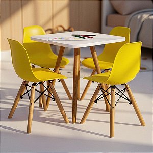 Mesa Infantil Branca 50cm Quadrada + 4 Cadeiras Eiffel Amarelo