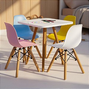 Mesa Infantil Branca 50cm Quadrada + 4 Cadeiras Eiffel Colorido