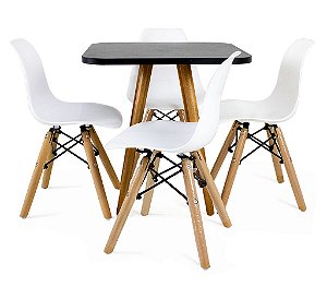 Mesa Infantil Preta 50cm Quadrada + 4 Cadeiras Eiffel Branco