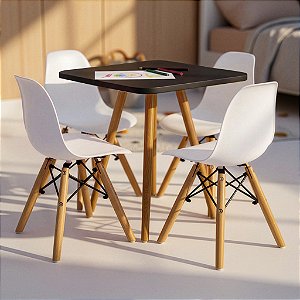 Mesa Infantil Preta 50cm Quadrada + 4 Cadeiras Eiffel Branco