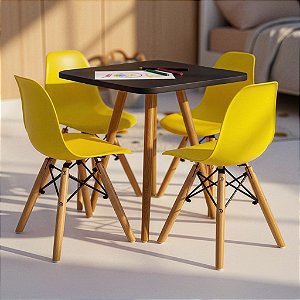Mesa Infantil Preta 50cm Quadrada + 4 Cadeiras Eiffel Amarelo