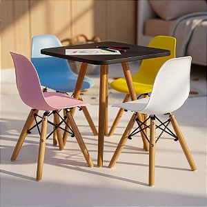Mesa Infantil Preta 50cm Quadrada + 4 Cadeiras Eiffel Colorido