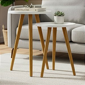 Conjunto 2 Mesas de Canto Redonda 35x30cm / 35x50 - Branco