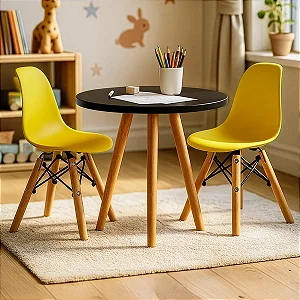 Kit Mesa Infantil Preta 50cm Tripé + 2 Cadeiras Eiffel Amarelo