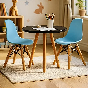 Kit Mesa Infantil Preta 50cm Tripé + 2 Cadeiras Eiffel Azul