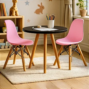 Kit Mesa Infantil Preta 50cm Tripé + 2 Cadeiras Eiffel Rosa