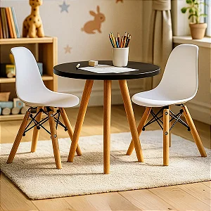 Kit Mesa Infantil Preta 50cm Tripé + 2 Cadeiras Eiffel Branca