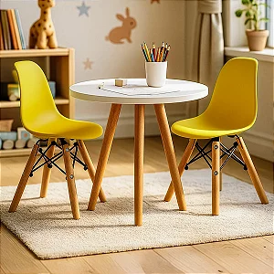 Kit Mesa Infantil Branca 50cm Tripé + 2 Cadeiras Eiffel Amarelo