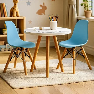Kit Mesa Infantil Branca 50cm Tripé + 2 Cadeiras Eiffel Azul