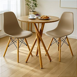Mesa Redonda Bistrô 80cm Louro Freijó com 2 Cadeiras Eiffel Nude