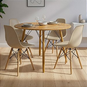 Mesa de Jantar Redonda Eiffel 100cm Louro Freijó com 4 Cadeiras Eames Nude