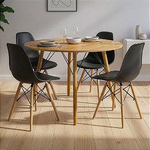 Mesa de Jantar Redonda Eiffel 120cm Louro Freijó com 4 Cadeiras Eames Preta
