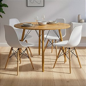 Mesa de Jantar Redonda Eiffel 120cm Louro Freijó com 4 Cadeiras Eames Branca