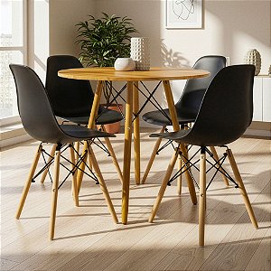 Mesa Redonda Eiffel 90cm Louro Freijó com 4 Cadeiras Eiffel Preta