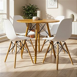 Mesa Redonda Eiffel 90cm Louro Freijó com 4 Cadeiras Eiffel Branca