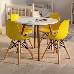 Mesa Infantil Branca 60cm + 4 Cadeiras Eiffel Amarelas