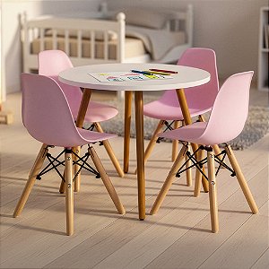 Mesa Infantil Branca 60cm + 4 Cadeiras Eiffel Rosa