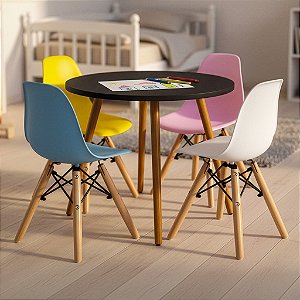 Mesa Infantil Preta 60cm + 4 Cadeiras Eiffel Colorido
