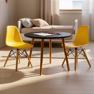 Mesa Infantil Preta 60cm + 2 Cadeiras Eiffel Amarelas