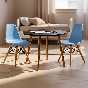 Mesa Infantil Preta 60cm + 2 Cadeiras Eiffel Azul