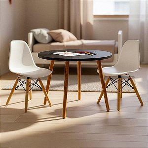 Mesa Infantil Preta 60cm + 2 Cadeiras Eiffel Brancas