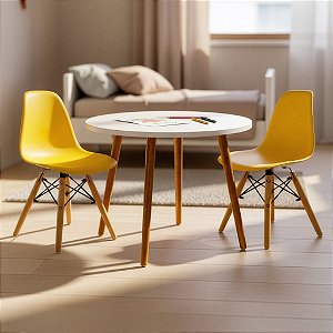 Mesa Infantil Branca 60cm + 2 Cadeiras Eiffel Amarelas
