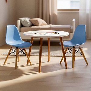 Mesa Infantil Branca 60cm + 2 Cadeiras Eiffel Azul