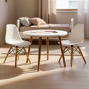 Mesa Infantil Branca 60cm + 2 Cadeiras Eiffel Brancas