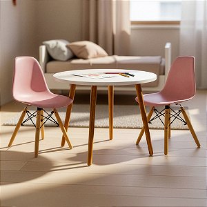 Mesa Infantil Branca 60cm + 2 Cadeiras Eiffel Rosa