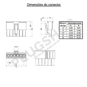 Conector Mini Fit Fêmea 5 vias Passo 4,2mm Fileira Simples