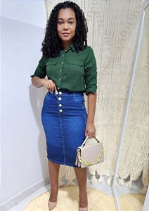 Saia Jeans Midi com botão no cós REF 179
