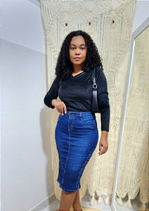Saia Jeans Midi com detalhes e Botões laterais REF 180