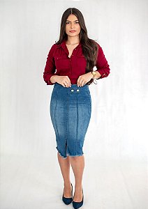 Saia Jeans Midi Assimétrica Lavado Delavê REF 080