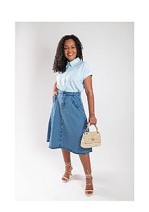 Saia Jeans Godê Midi 100% Algodão Bolso na Frente com detalhes em bordado REF 083