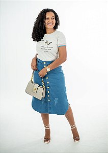 Saia Jeans midi com Botões Frontais e Barra Arredondada REF 109