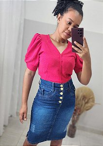 Saia Jeans secretária com detalhes de viés na vista REF 177