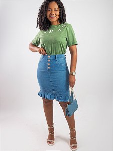 Saia Jeans secretária com detalhes em nervura e babados REF 192