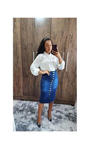 Plus Size- Saia Jeans Midi com detalhes nas laterais REF 202