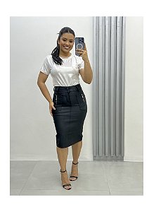 Saia Midi Jeans preto com ziper nos bolsos Ref 217