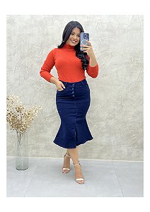Saia Jeans Midi estilo sereia com fenda frontal REF 230