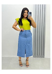 Saia Maxi Midi Jeans assimétrica lavado claro REf 000205