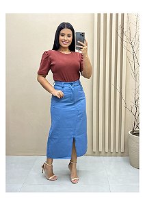 Saia midi no Brim Azul com fenda frontal Ref 00232