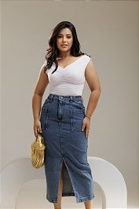Saia Jeans Maxi Midi Helen lavado marmorisado Ref 268